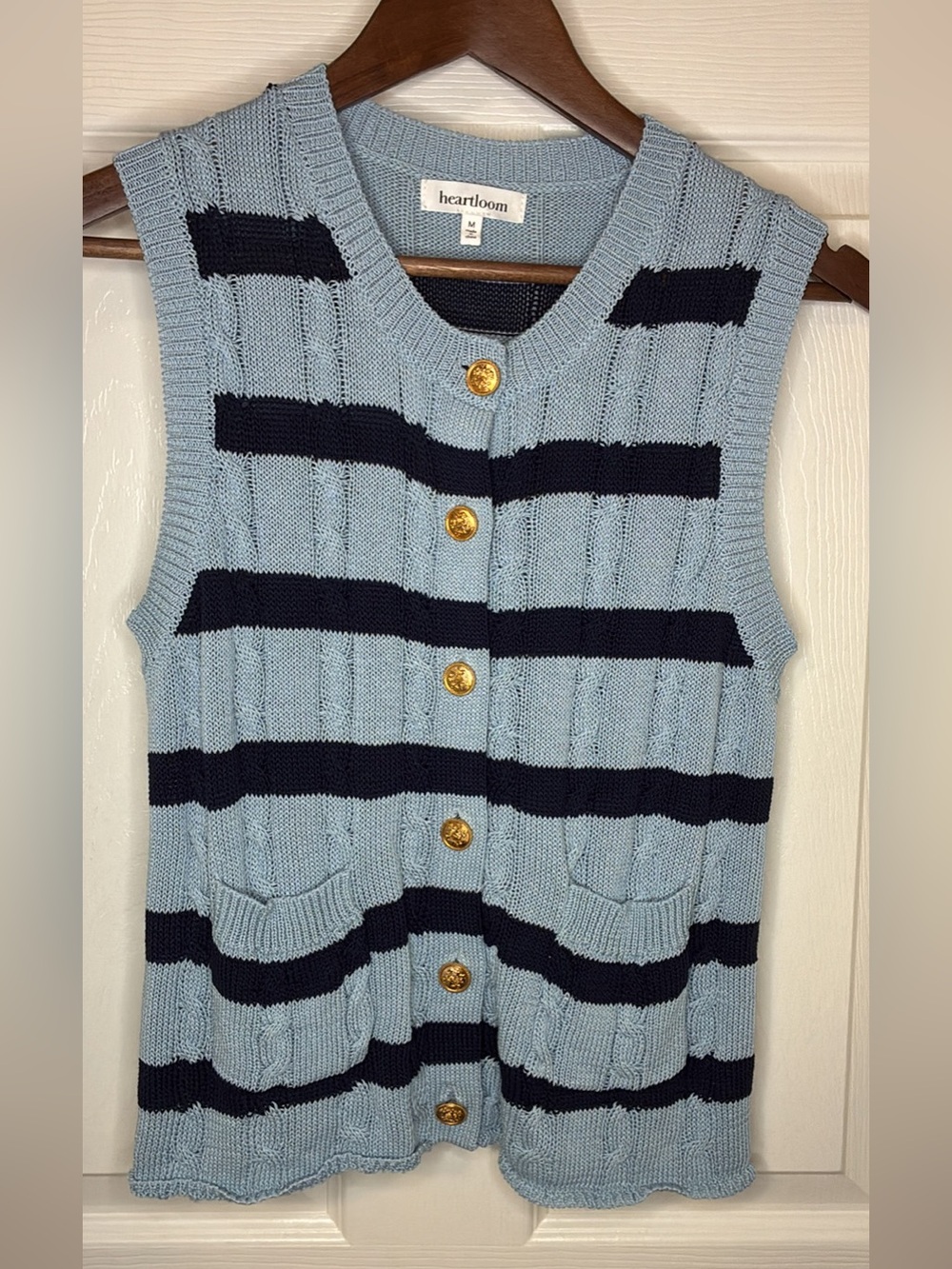 Heartloom Light Blue and Navy Striped Knit Button-Up Vest